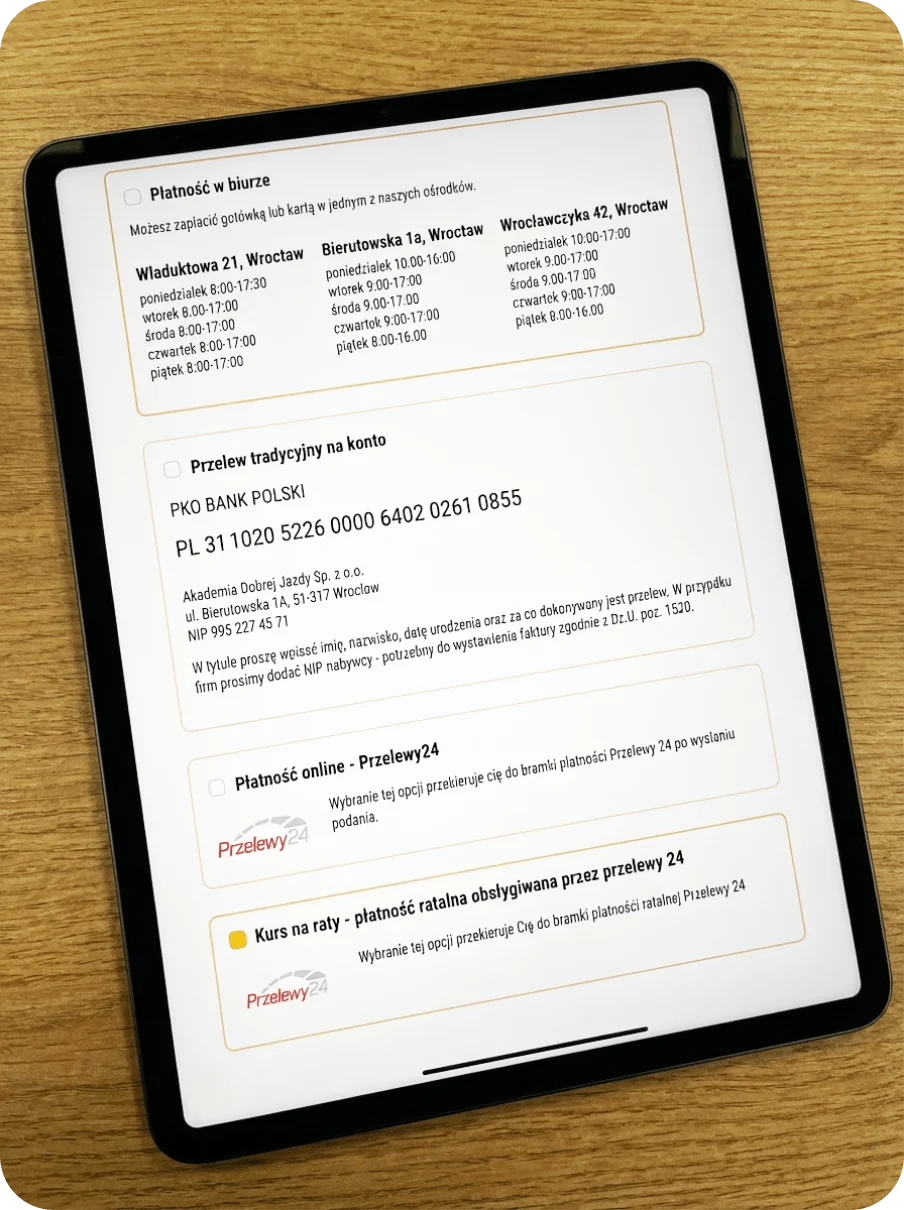 wybór płatności za kurs w akademii operatora